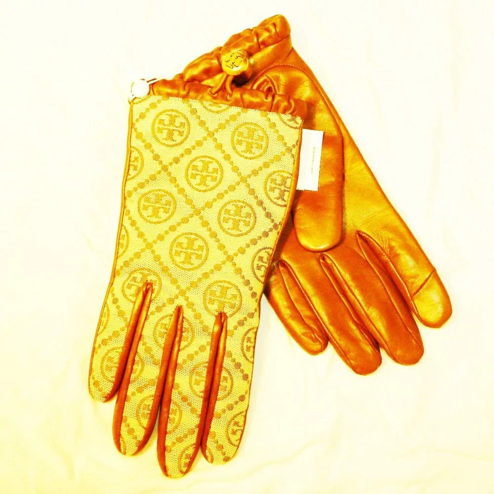 Tory Burch 84663 $298 T Monogram Toggle Gloves Hazel/Bistro Brown Sz 8 N…